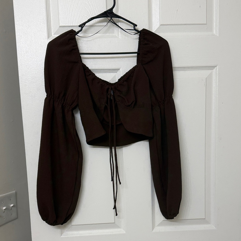 Brown Long-Sleeve Peasant Crop Top
